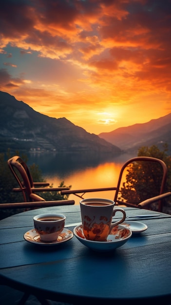 아름다운 꽃과  ⁇ 빛이 있는 차나 커피 컵과 함께 아침 자연의 사진
