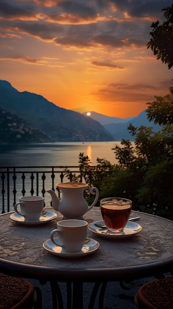 Photo of morning nature with tea or coffee cup with beautiful flowers and sunshine