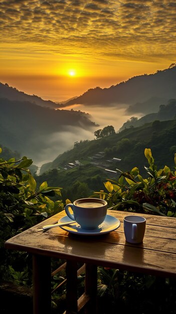 美しい花と太陽の光が入った紅茶またはコーヒーカップを持つ朝の自然の写真