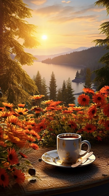 Photo of morning nature with tea or coffee cup with beautiful flowers and sunshine