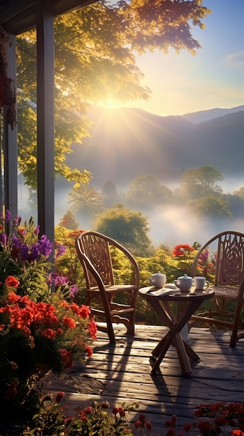 Photo of morning nature with tea or coffee cup with beautiful flowers and sunshine