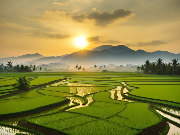 Premium AI Image | Photo Morning Sunlight on Rice Fields