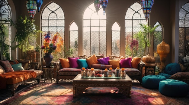 モロッコ風のリビングルームの写真 ⁇ 装飾された暖かい日光