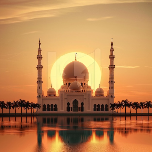 Фото пейзаж мечети с чистым и заходящим солнцем оранжевое небо идеально подходит для карты Рамадан