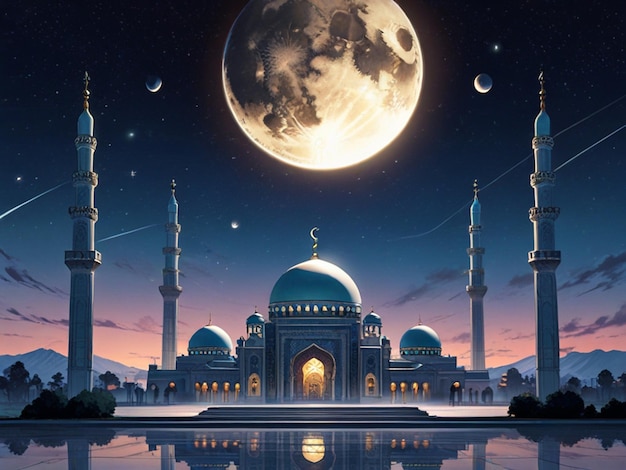 photo a mosque with a moon and planets in the background