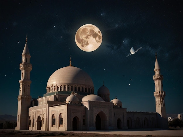 photo a mosque with a moon and planets in the background