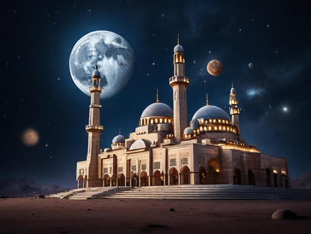 photo a mosque with a moon and planets in the background