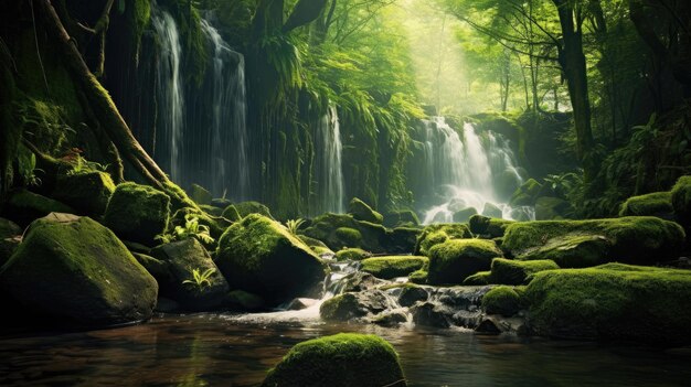 A photo of a mossy forest with a small waterfall soft diffused light