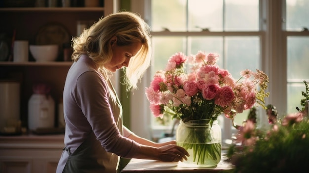 A photo of a mother arranging fresh flowers in a vase