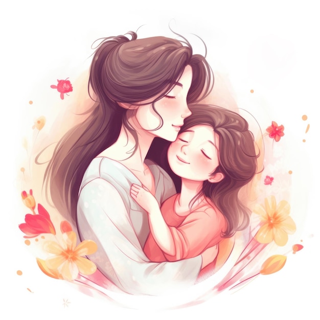 Photo of a mother and a child hugging in a field of flowers