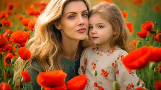 美しいケシの花の自然の風景の中での母と娘の愛の写真