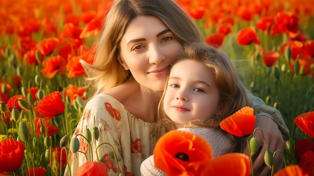 Фото любви матери и дочери в красивом цветочном пейзаже мака