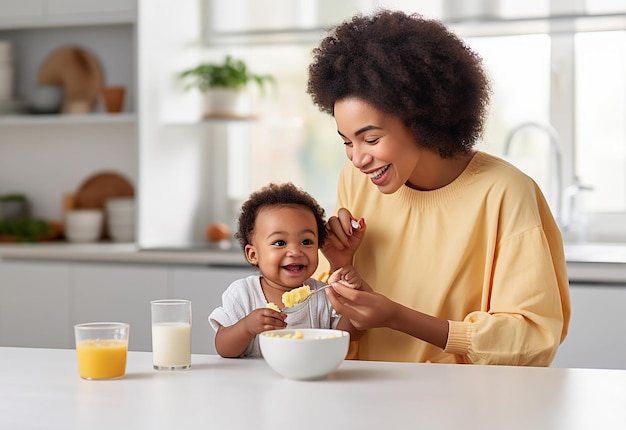 健康的な食べ物を食べている赤ちゃんに授乳している母親の写真