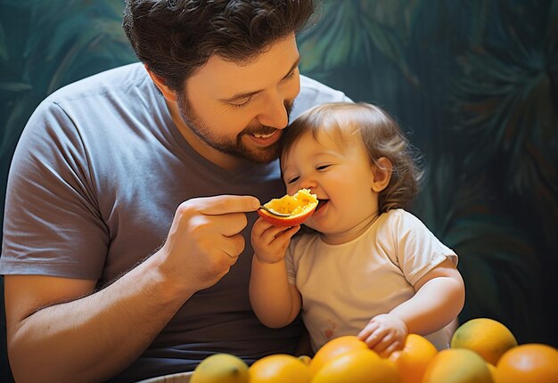 健康的な食べ物を食べている赤ちゃんに授乳している母親の写真