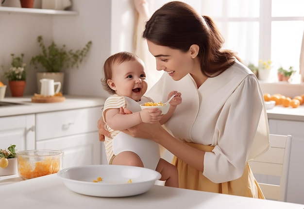 健康的な食べ物を食べている赤ちゃんに授乳している母親の写真