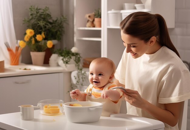 健康的な食べ物を食べている赤ちゃんに授乳している母親の写真