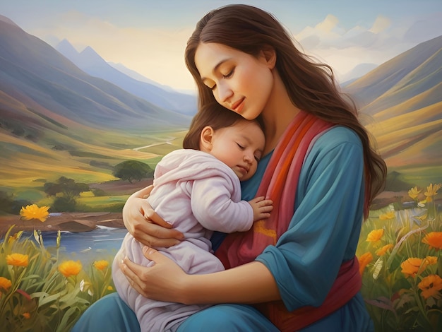 A photo Mother Holding Baby Son In Arms Happy Mothers Day illustration painting