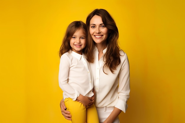 Photo of mother with daughter on yellow background high quality photo