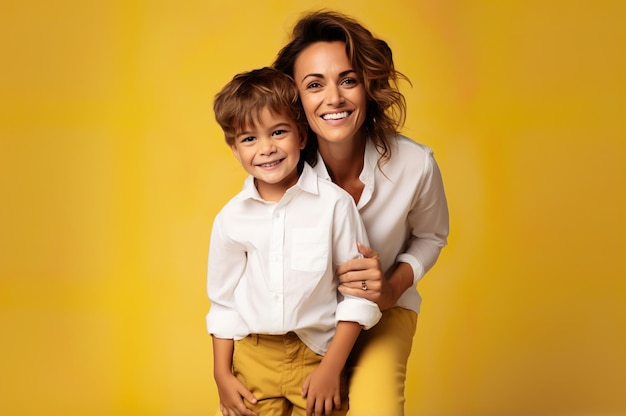 Photo photo of mother with son on yellow background high quality photo