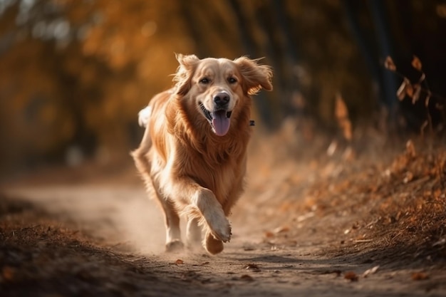 Photo in motion running beautiful golden retriever dog have a walk outdoors in the park