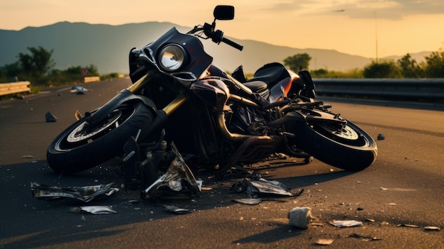 Photo of a motorcycle damaged after an accident on the highway