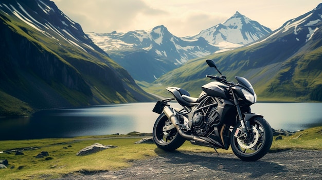 A photo of a motorcycle in a scenic landscape