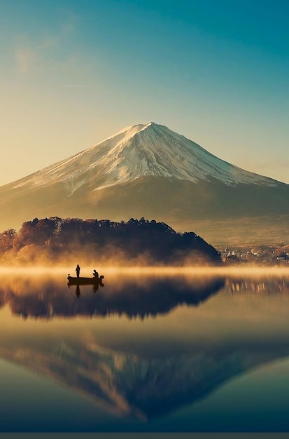 ボートを前に富士山を写した写真