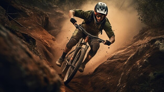 A photo of a mountain biker racing down a rocky trail dappled sunlight