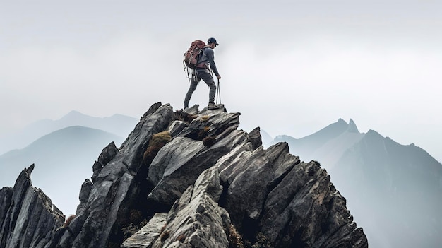 A photo of a mountain climber on a rocky peak