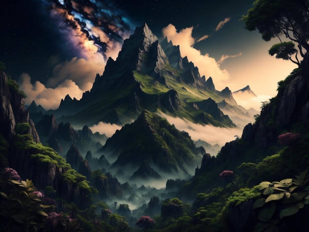 Photo a mountain in the forests with a galaxy clouds on it