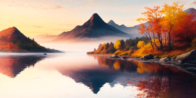 photo mountain landscape reflects autumn colors in tranquil water