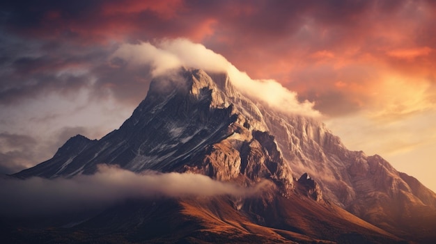 A photo of a mountain peak against a cloudy sky soft golden hour light