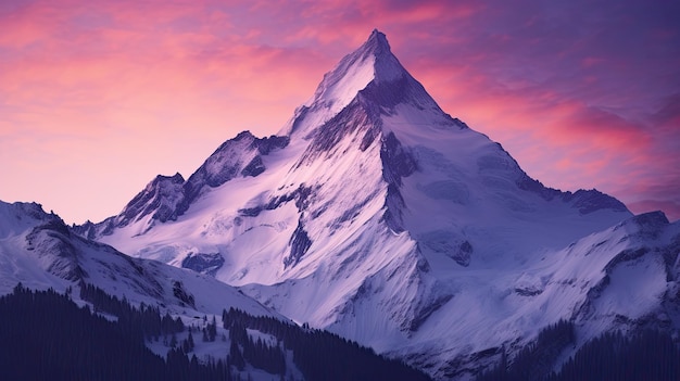 A photo of a mountain peak alpenglow