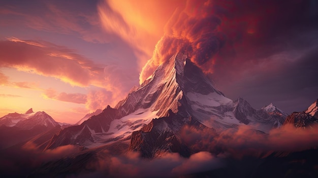 A photo of a mountain peak with swirling clouds golden sunset
