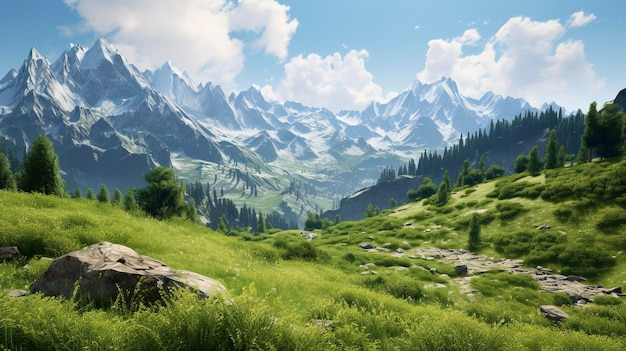 A photo of a mountain range surrounded by lush greenery