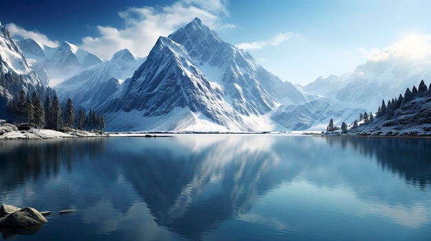 A photo of a mountain range with a partially frozen lake