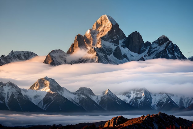 A photo mountain range with swirling mist and jagged peaks in the background