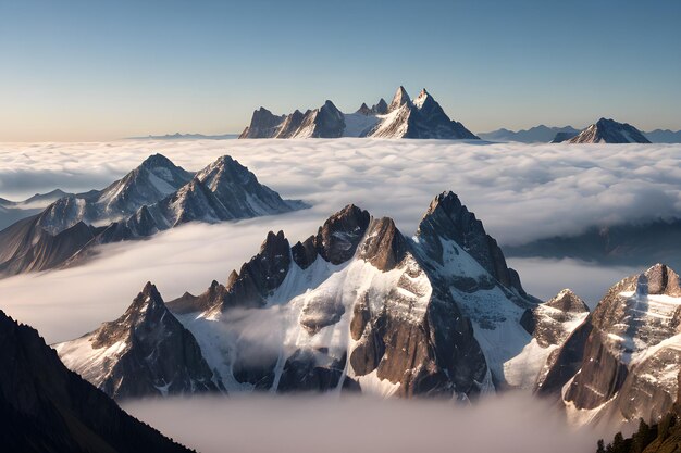 A photo mountain range with swirling mist and jagged peaks in the background