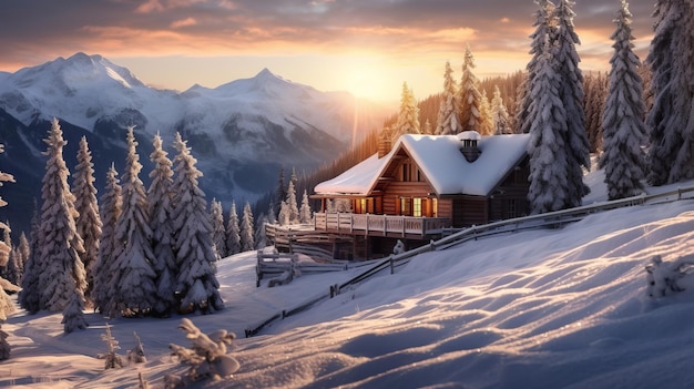 山の冬の風景の写真、雪に覆われたモミの木、木造住宅