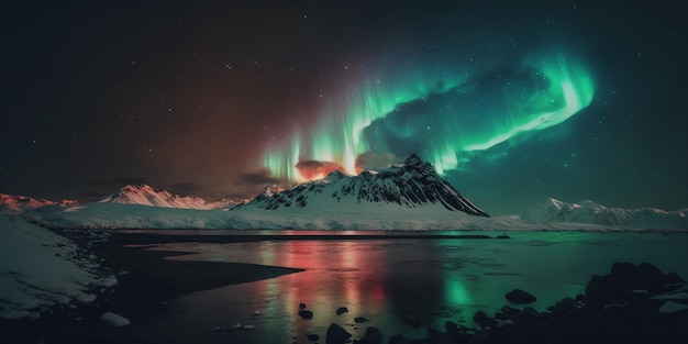 A photo of a mountain with the aurora borealis above it