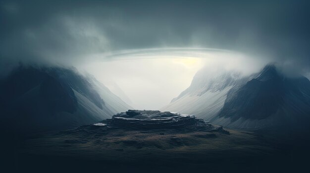 A photo of a mountain with a halo around the peak cloudy sky