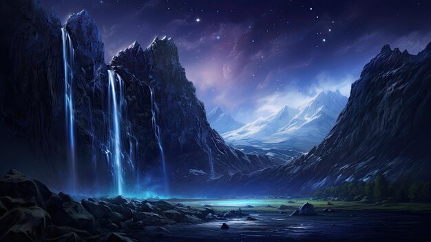 Photo a photo of a mountain with upsidedown waterfall starry night sky