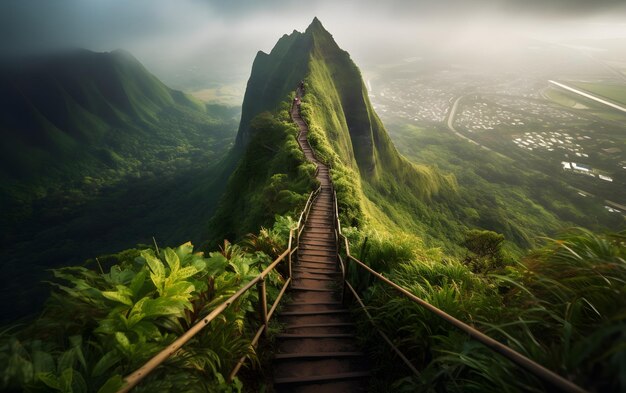 A photo of a mountain with a wooden walkway leading to it.