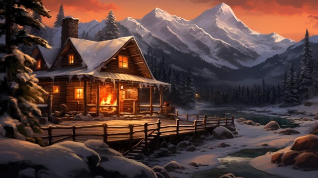 A photo of a mountainous locale with a rustic mountain cabin snowcovered landscape