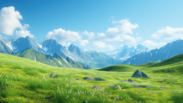 A photo of a mountainous terrain with a grassy plateau clear blue sky