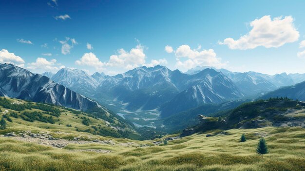 A photo of a mountainous vista with a clear blue sky