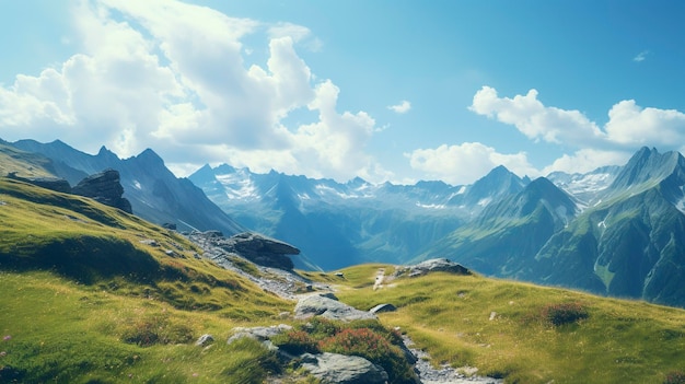 Photo a photo of a mountainous vista with a clear blue sky