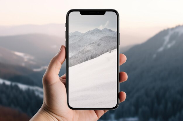 Photo of mountains and hills on the phone screen Man holding smartphone