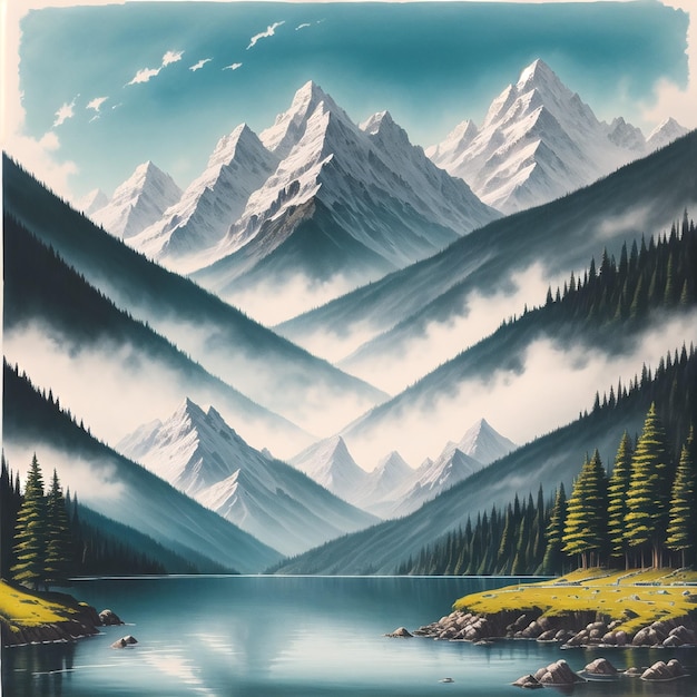 Фото горы со снежными деревьями и озером с красивым фоном