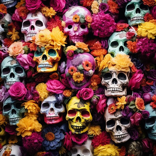 photo multi colored skulls and flowers adorn the festival